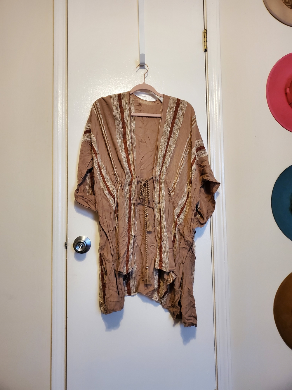 Time and Tru Tan Striped Open-Front Kimono Wrap